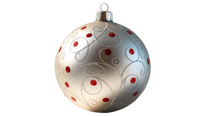 Silver color ball with red dots and sparkling silver lines designs and a hook on top for decoration of chtrismas tree and house