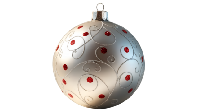 Silver color ball with red dots and sparkling silver lines designs and a hook on top for decoration of chtrismas tree and house