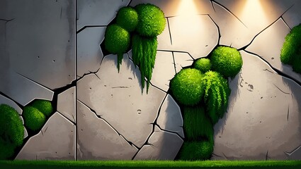 Cracked Stone Wall With Lush Green Moss Patches