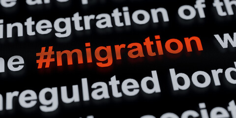 Migration, hashtag or posting on social media, texts or the breaking news. Immigartion, politics and government, social issue, relocate, esecape for war, politically persecuted.