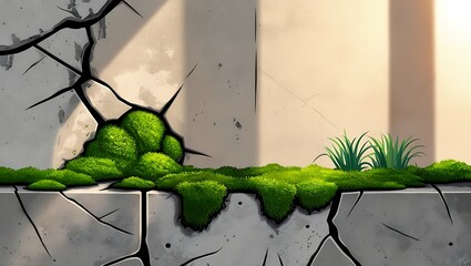 Cracked Concrete Wall With Lush Green Moss Growth