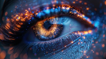 Woman's dark eye with intricate iris patterns, a cosmic vision captured in a haunting closeup