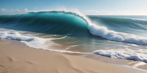 Artistic representation of a beautiful blue ocean wave breaking on a sandy beach, artistic view, seaview