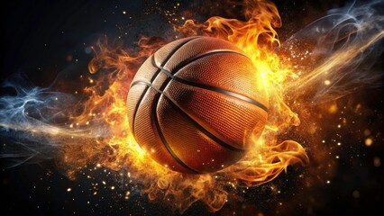 Dynamic Double Exposure Basketball Art with Fiery Sparks - Action-Packed Black Background, Sports Energy, and Creative Visual Effects for Basketball Enthusiasts
