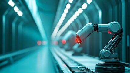 Fototapeta premium ai robotics predictive concept, A futuristic industrial scene featuring robotic arms with red lights, set in a sleek, modern manufacturing environment.
