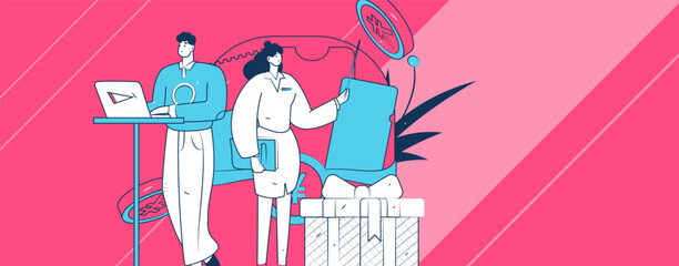 Use red envelopes to attract new customers and promote activity. Flat vector character concept illustration
