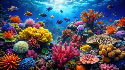 Vibrant underwater ecosystem with colorful corals and a variety of marine life swimming among them, coral reef, underwater