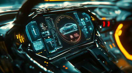 Obraz premium Close-up view of a modern cars digital dashboard display at night.