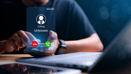 Unknown number displayed showing on smart mobile phone. Human use smartphone with incoming call...