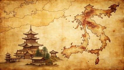 An artistic sepia-toned map of Japan featuring classic Japanese architecture and lifestyle, Japan, landscape, Asian