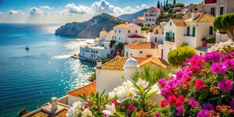 Fototapeta premium Enchanting Mediterranean Homes Overlooking a Serene Bay with Colorful Blossoms and Bokeh Effect