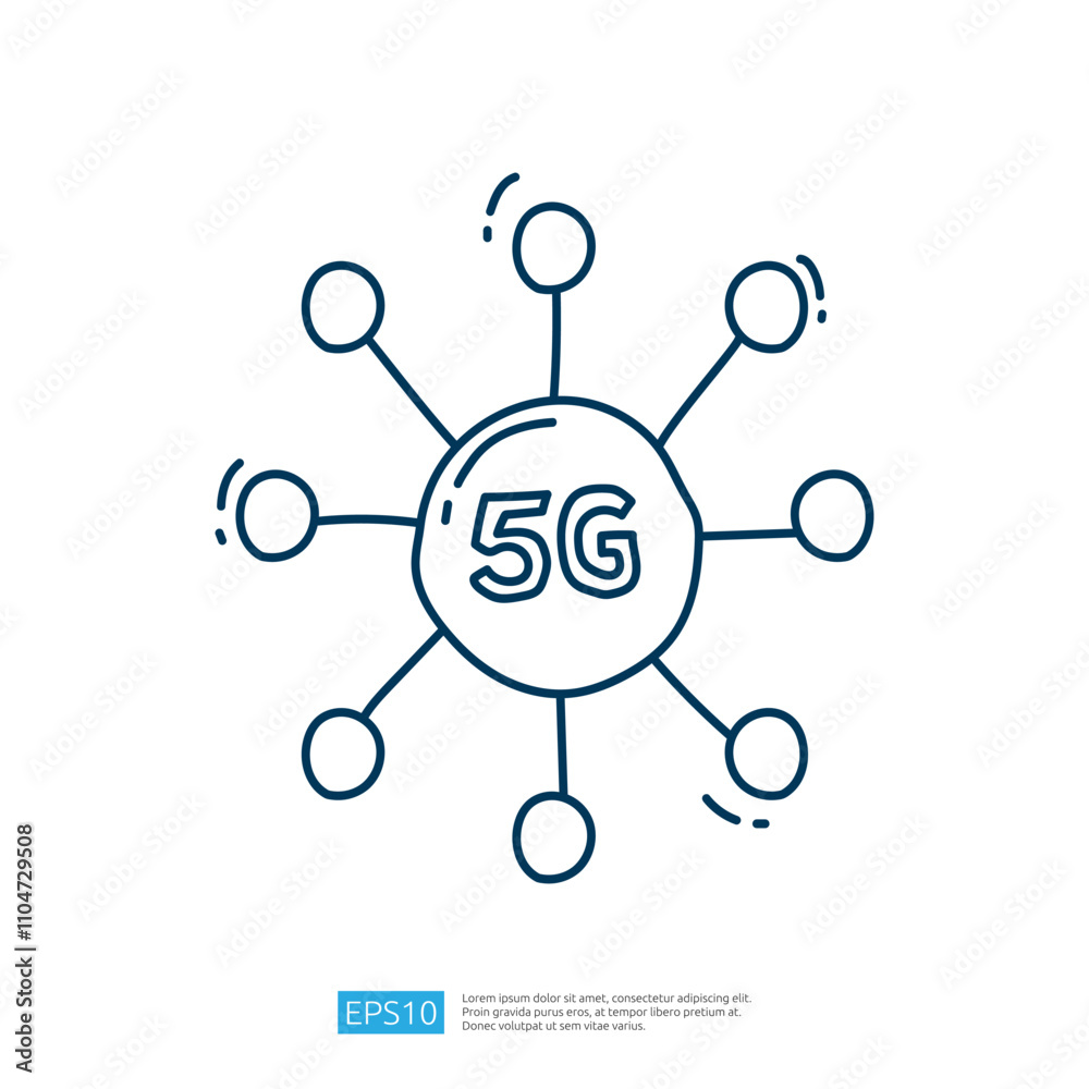 Poster a simple illustration depicting the concept of 5g technology, featuring a central node labeled 