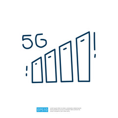 The image depicts a simple line drawing representing a 5G signal with four bars increasing in height, symbolizing connectivity and technology advancement.