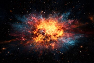 An intense fiery cosmic explosion is captured, displaying energy waves and vivid colors, representing the power and potentiality of cosmic forces.