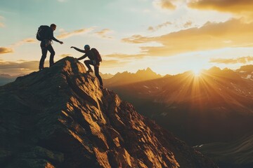 Climbers extend a helping hand on a mountain ridge at sunset, illustrating themes of teamwork, support, and personal growth against a stunning natural backdrop.