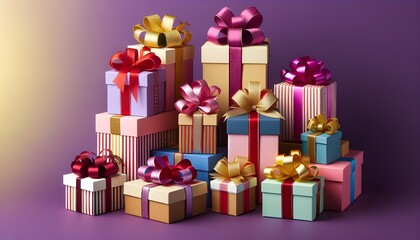 Fototapeta premium Colorful Gift Boxes with Bows on a Purple Background