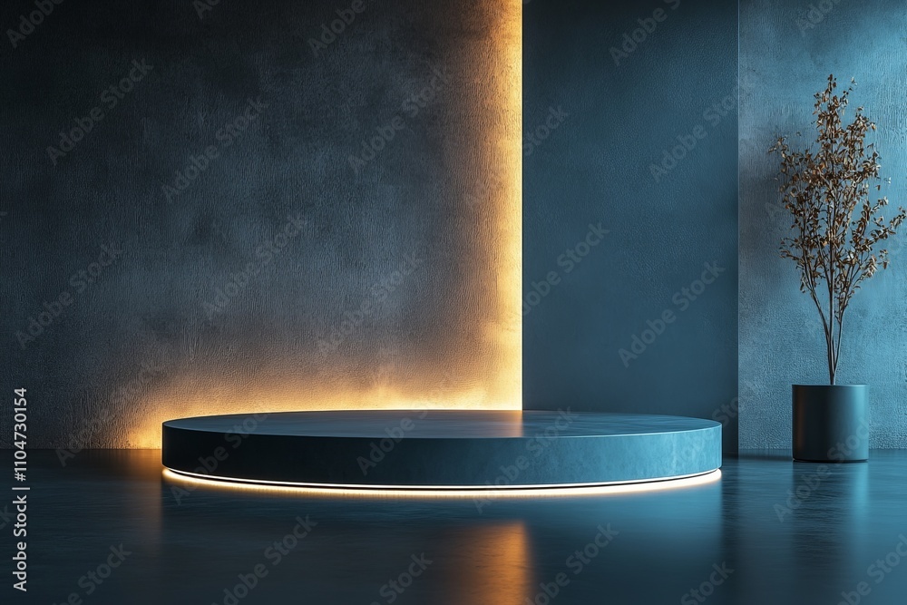 Fototapete This circular platform features ambient lighting with a blue and gold backdrop, creating a calming and elegant presentation space in a modern setting.