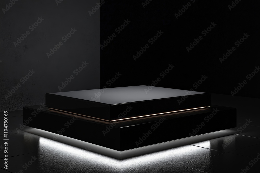 Aufkleber a sleek, dark rectangular platform is lit from below with ambient white light, highlighting the cont