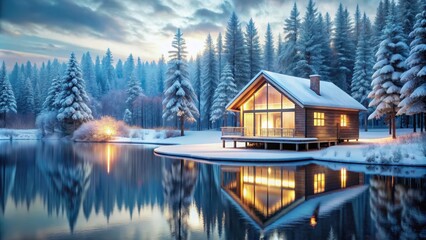 Fototapeta premium Serene lakeside cabin in snowy woodland landscape with smart home technology and holographic decor, cabin, lakeside