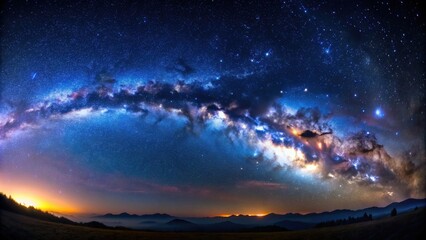 Panoramic view of dark blue night sky with Milky way, stars, nebula, and galaxy, panorama, dark blue, night sky