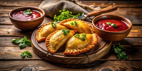 Fototapeta premium Golden Empanadas with Red Sauce: A Culinary Delight of Crisp Pastry and Flavorful Dipping Sauce, Perfect for Food Lovers and Culinary Enthusiasts