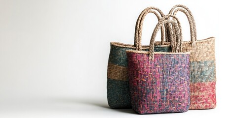 Three woven jute tote bags in various colors and sizes, on white background.