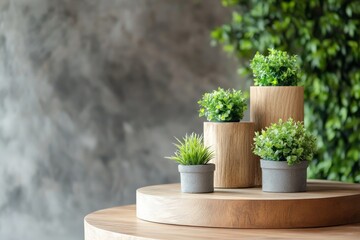 A serene arrangement of small potted plants displayed on wooden pedestals against a textured gray background, emphasizing simplicity and natural elegance.