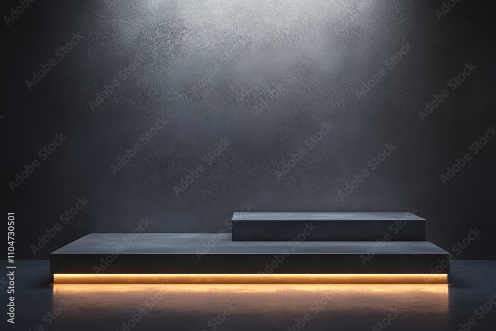Aufkleber A dark, minimalist pedestal designed with subtle integrated lighting effects that create a striking visual contrast in an empty, futuristic setting.