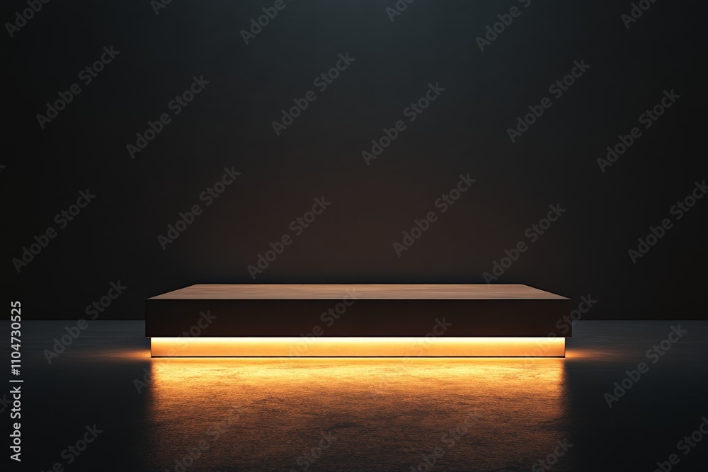 Poster A rectangular platform with an illuminated edge stands on a floor in a dark space, creating a contrast with the ambient lighting and showcasing minimalistic design.