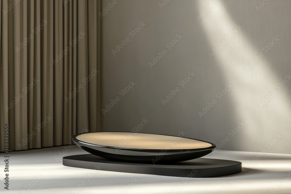 Poster A sleek, round platform with smooth edges is positioned in an empty room, bathed in soft light streaming through a gap, creating an atmosphere of calm and zen.