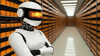 AI Robot in Data Center Technology Hub Digital Artwork Modern Environment Futuristic Viewpoint Automation Concept