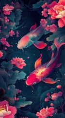 Vibrant Koi Fish Among Lotus Flowers in a Dreamlike Garden Scene
