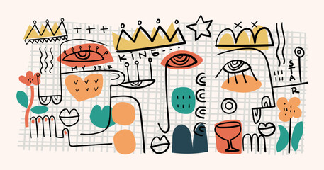 Abstract face portrait doodle line art hand drawn vector illustration. Aesthetic design for art print, decoration, cards, poster and wall art.