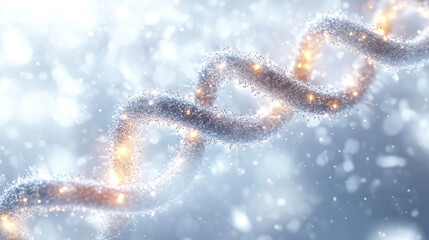 glowing DNA strand with sparkling light effects, symbolizing innovation, genetics, and the complexity of life at the molecular level, with vibrant energy and scientific beauty