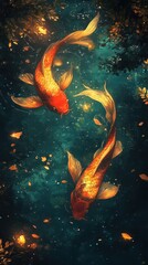Two Vibrant Koi Fish Swimming in a Serene Underwater Scene