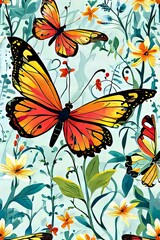 Stunning close-up of colorful butterflies resting on vibrant flowers, creating a harmonious blend of natures beauty. Ideal for floral themes, nature projects, greeting cards, print, digital designs.