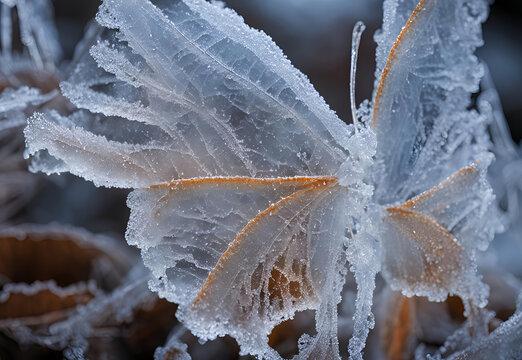 closeup of frosted leaves and plants covered in icy textures during winter - Powered by Adobe