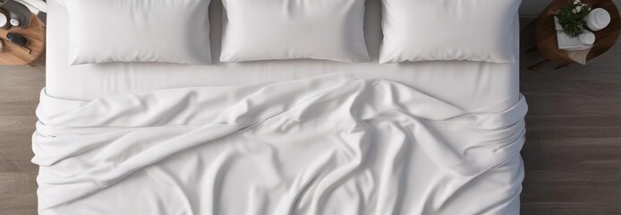 Obraz premium Top view of white bed sheets and neatly rolled towels, bed linens close up, tidy assembly