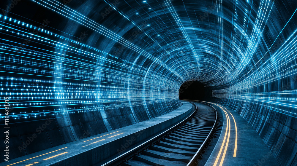 Wall mural digital tunnel: a futuristic tunnel filled with glowing blue code and railway tracks leading to a di