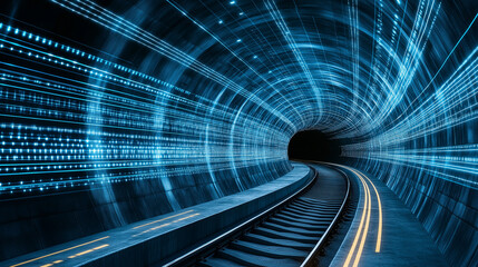 Digital Tunnel: A futuristic tunnel filled with glowing blue code and railway tracks leading to a distant future.  A symbol of digital transformation and technological advancement. 