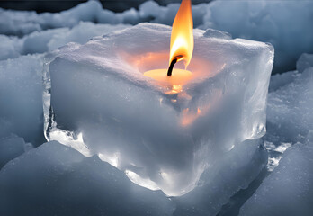 a candle glowing brightly on a melting ice cube in a frosty scene