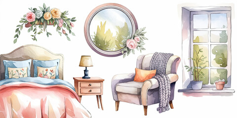 Peaceful Spring Bedroom Watercolor Illustration
