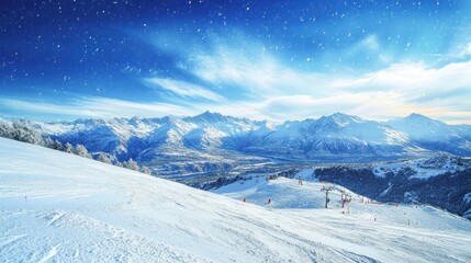 Obraz premium A serene winter landscape with snow-covered mountains and a clear blue sky.