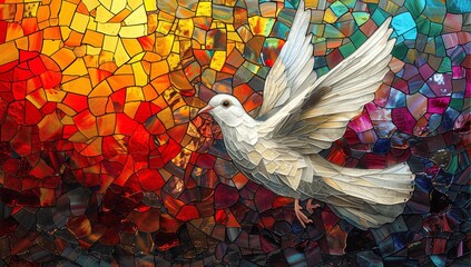 Vibrant Stained-Glass Dove of the Holy Spirit in Abstract Art