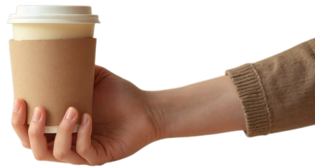 Hand catches a cardboard glass on a light cardboard on transparent background