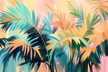 Tropical Palm Leaves in Vibrant Green Blue Yellow Pastel Background Exotic Nature Summer Beach Vacation