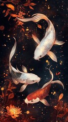 Elegant Koi Fish Swimming Amongst Flowers in Dark Background Art