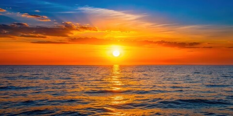 Obraz premium Sun setting on the horizon, casting a warm glow over the calm ocean , sunset, sun, horizon, orange, sky, silhouette, beach