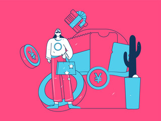 Use red envelopes to attract new customers and promote activity. Flat vector character concept illustration
