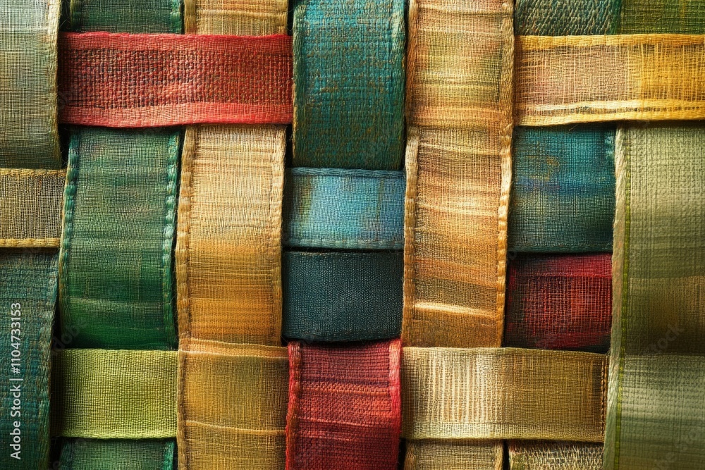 Poster This image depicts a vibrant woven fabric with interlocking colored bands, showcasing an intricate and colorful texture that highlights craftsmanship and creativity.